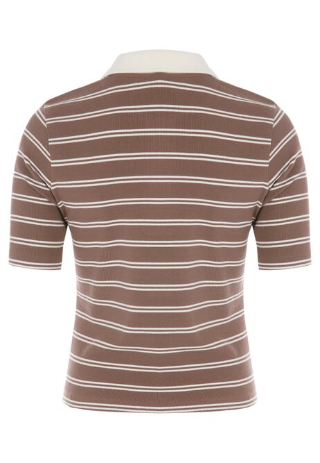 Womens Chocolate Brown Stripe Polo Collar Top