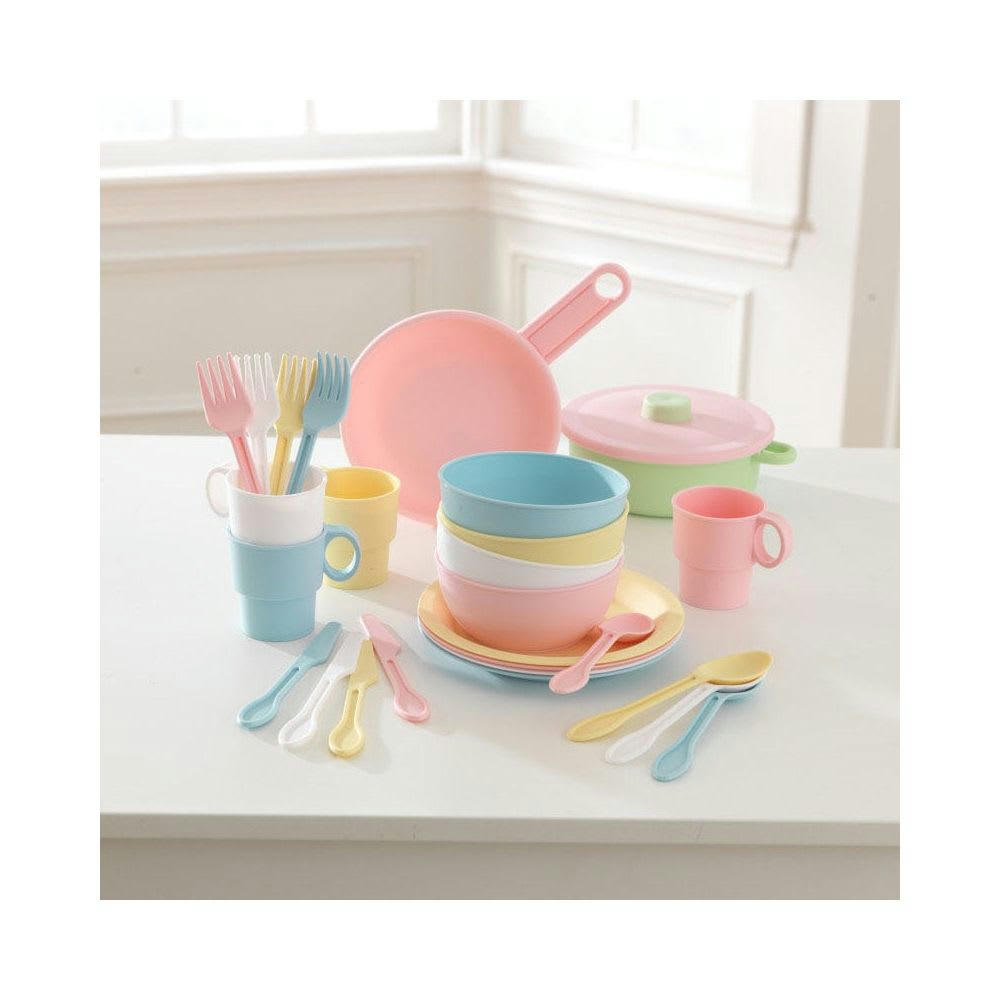 - Batterie de cuisine enfant 27 pièces vaisselle et ustensiles pastel