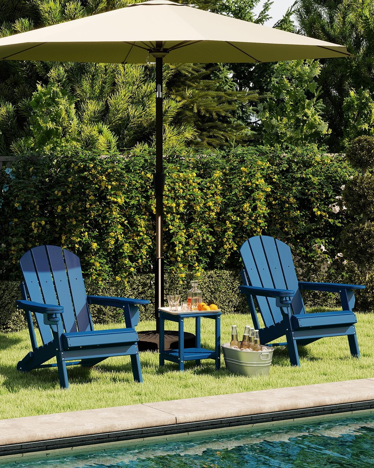 GREENVINES Folding-Adirondack-Chairs-Set-of-2 | HDPE Plastic | Fire Pit Chair | All Weather | Cup Holder | Blue | for Deck Backyard Patio Outdoor Garden