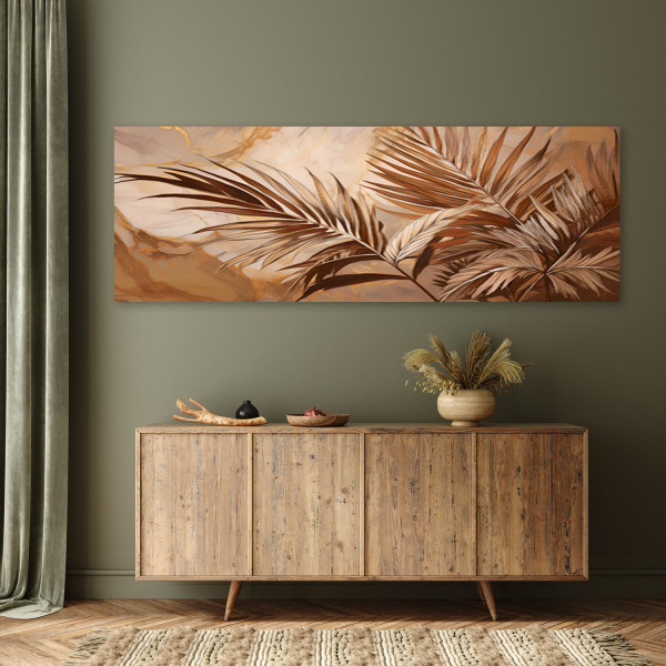Feeby Obraz na płótnie, Liście Palmy Sepia Złoty Marmur 90x30