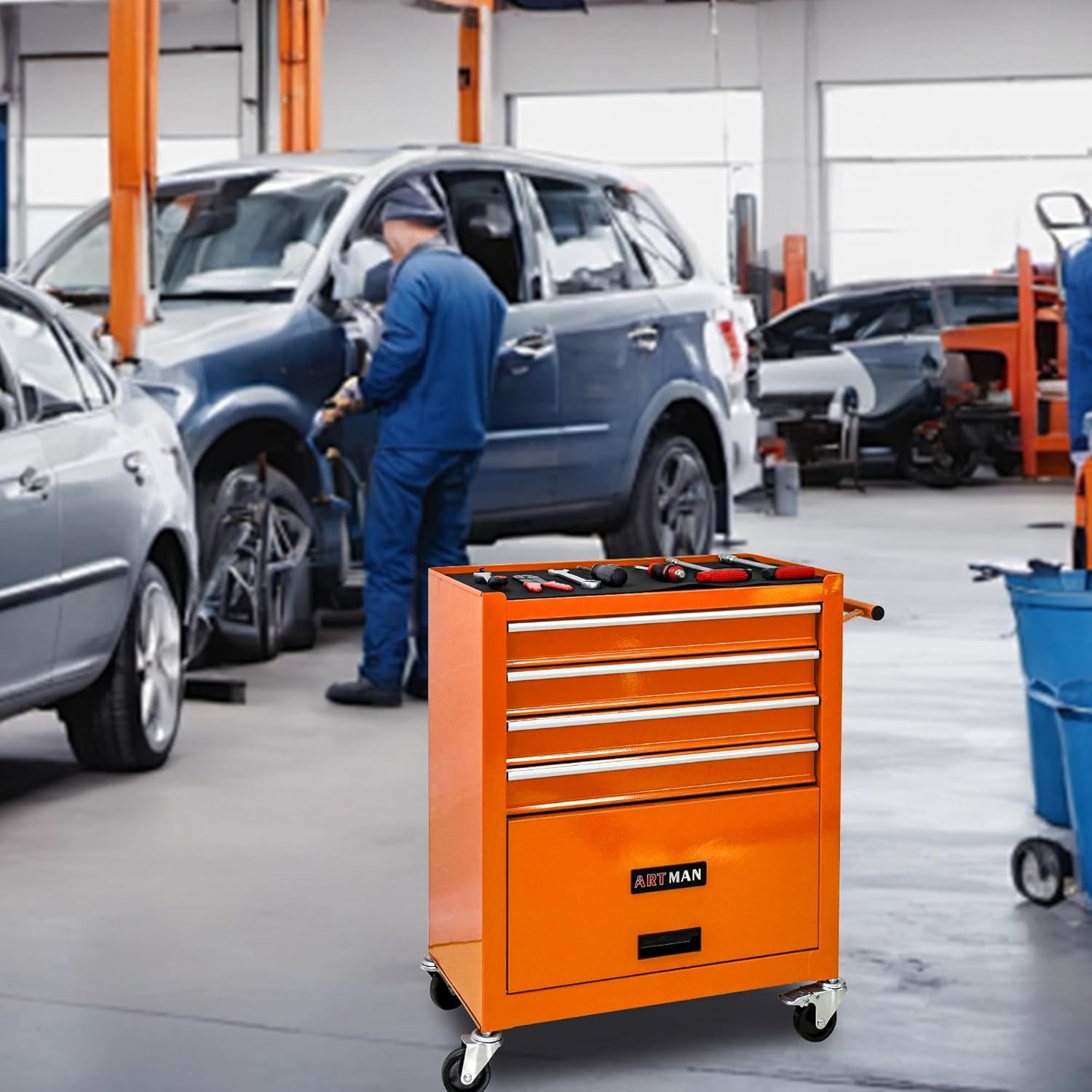 4 Drawers Rolling Tool Cart on Wheels, Trolley Organizer Tool Case Tool Chest, Multifunctional Tool Storage Tool Box for Workshop, Garage, Warehouse, Repair Shop(24.2W×12.9D×29.9H-Orange)
