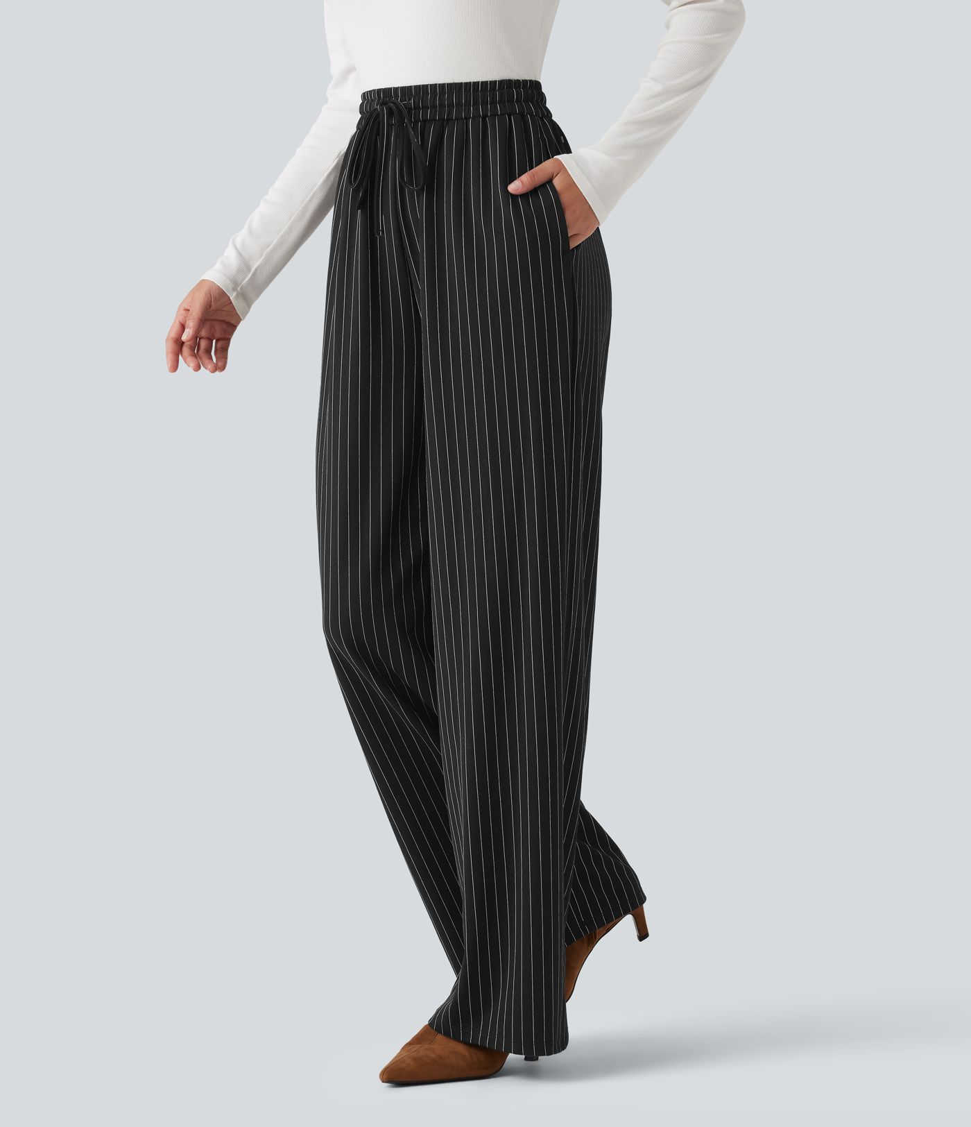 Pantalon baggy taille haute à rayures avec cordon de serrage et poches