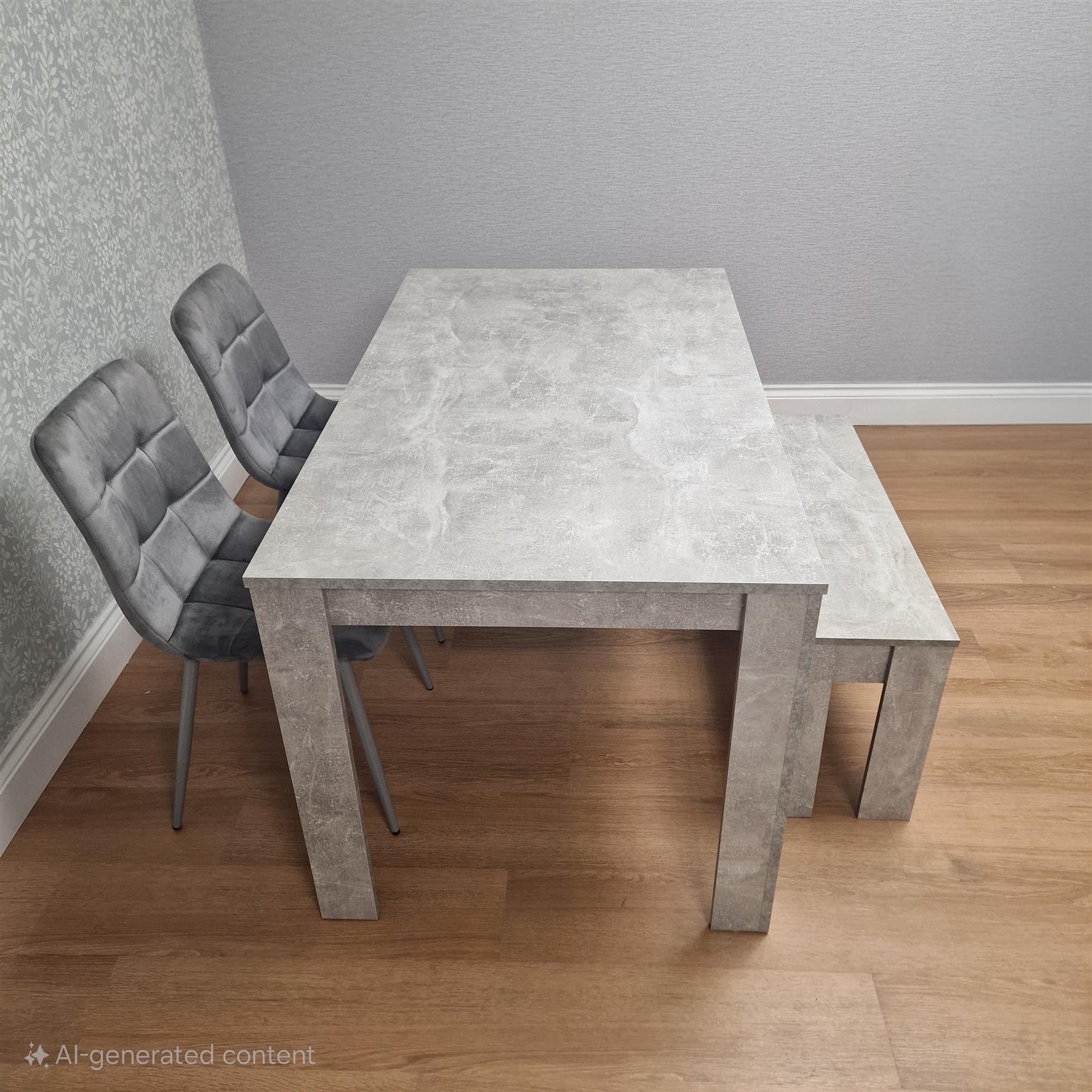 KOSY KOALA Modern Grey Dining Table Set with 2 Grey Velvet Chairs and 1 Bench Dining Room Furniture