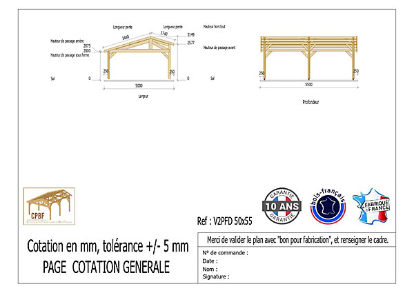 Carport 2 pentes faitage décalé, 500cm x 550cm, bois DOUGLAS Français(Charpente en bois-auvent-abri voiture)27m².Garantie 10 ans