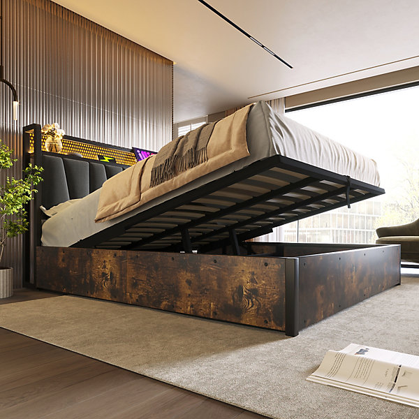 Lit 180x200 cm avec tête LED RGBW, prises et ports USB intégrés, cadre métal gris et rangement sous sommier