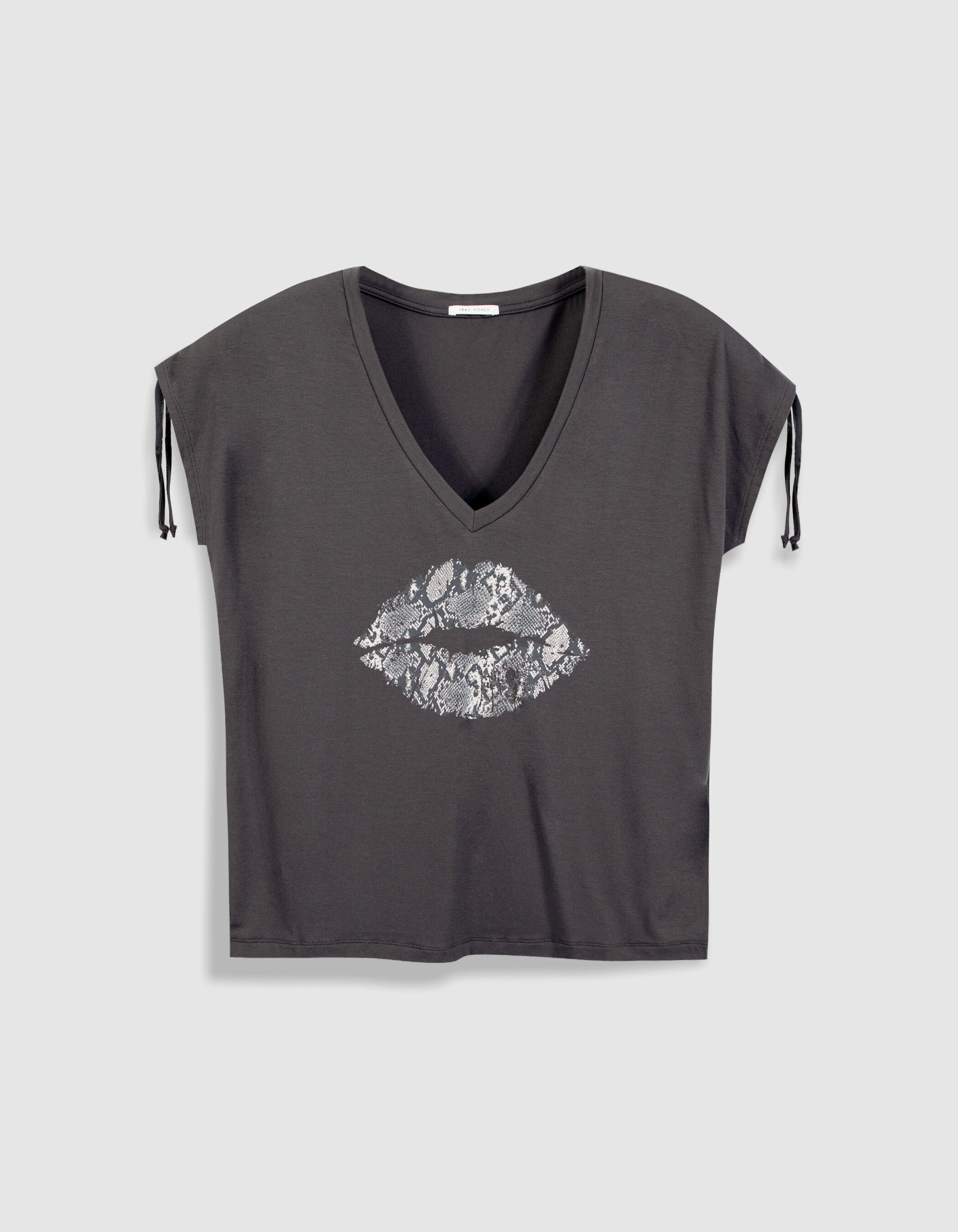 Tee-shirt col V gris motif bouche effet python Femme