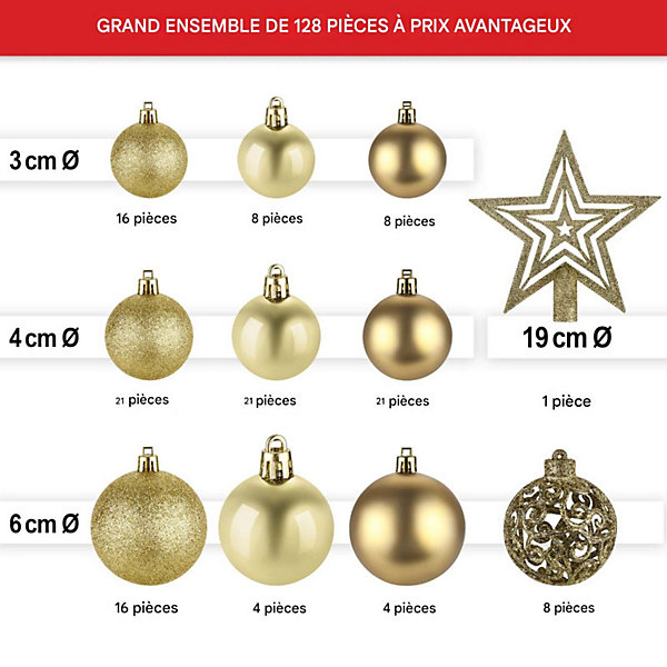 Boules de Noël Dorées Décorations de sapin Coffret de 128 pièces inclus ètoile de sapin-5 cartes