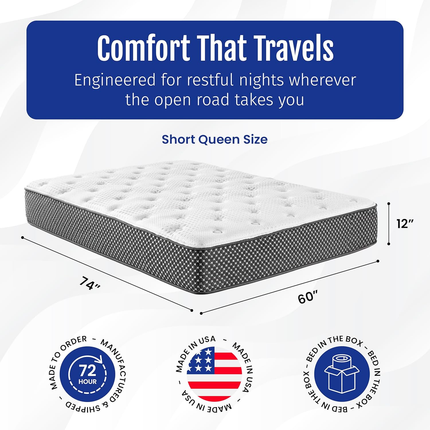 WanderRest 12” Cool Hybrid RV Mattress, Short Queen 60x74, Plush-Medium Gel Memory Foam & Pocketed Coil Bed for RV, Camper or Travel Trailer, Cooling Comfort, Made in USA