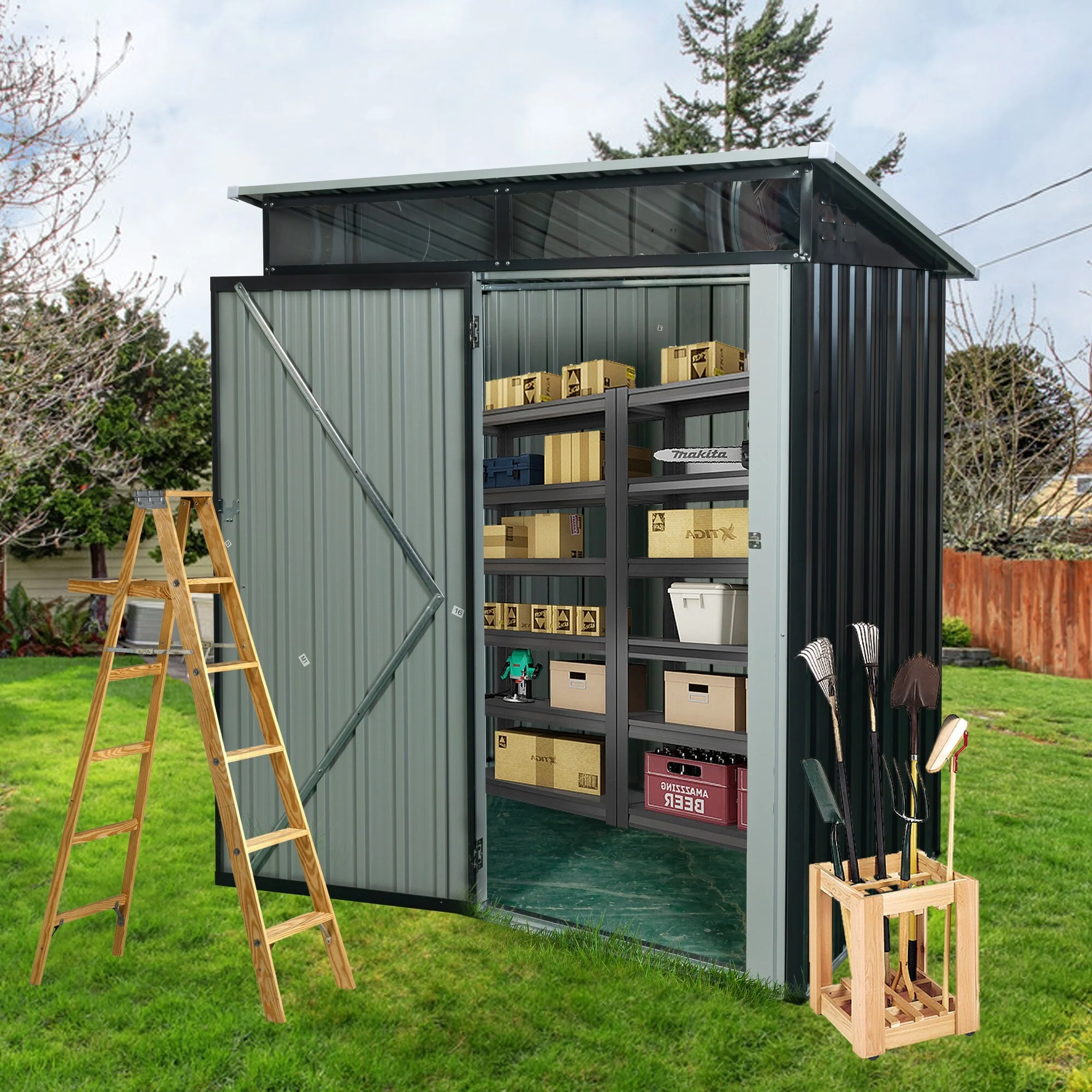 Rust-proof Outdoor Metal Storage Shed Garden Shed Waterproof Tool Shed, Hinged Door with a lanch, Corrosion-Resistant