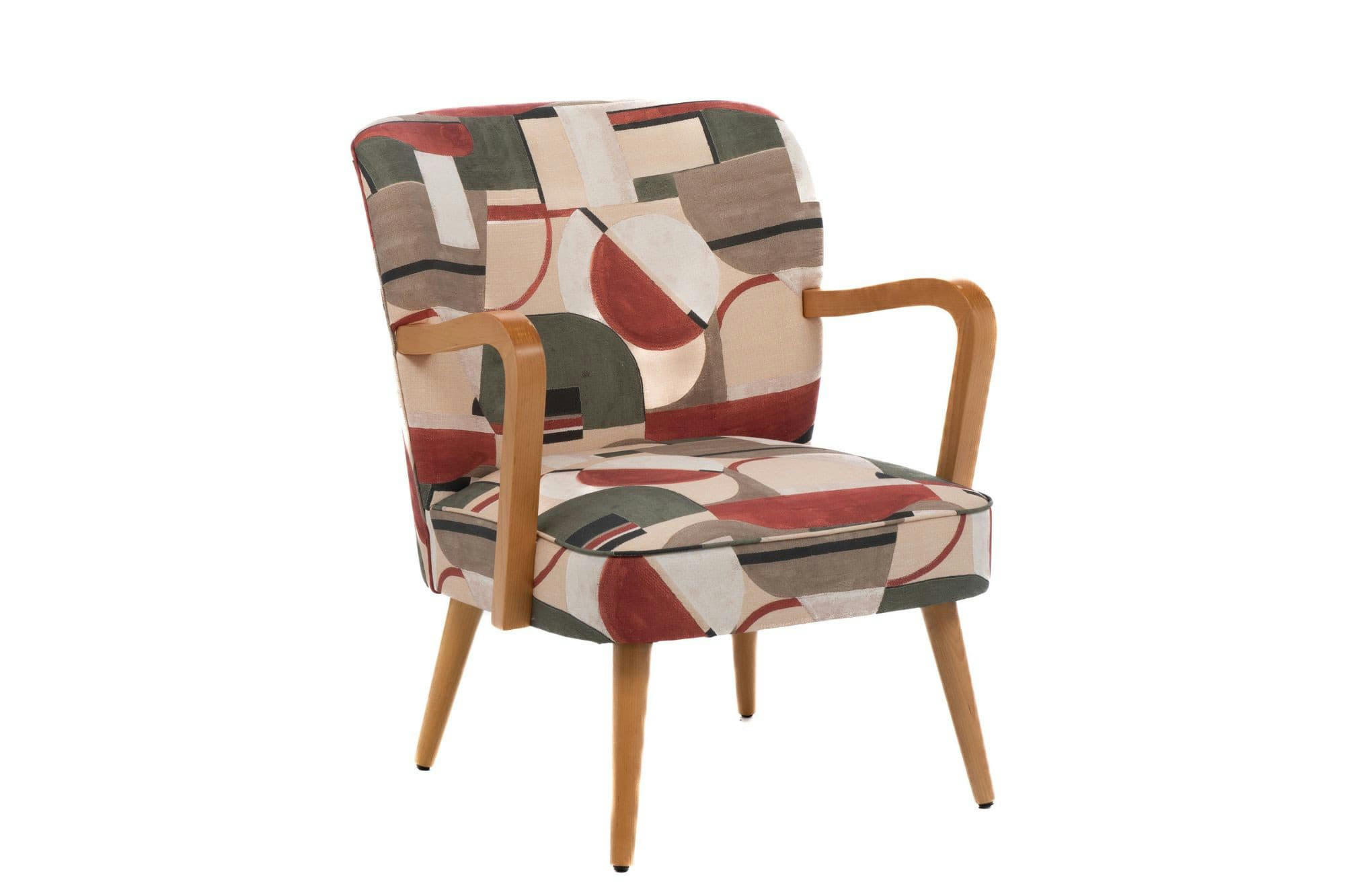 HONEY - Fauteuil rétro en tissu motifs géométriques et accoudoirs en bois