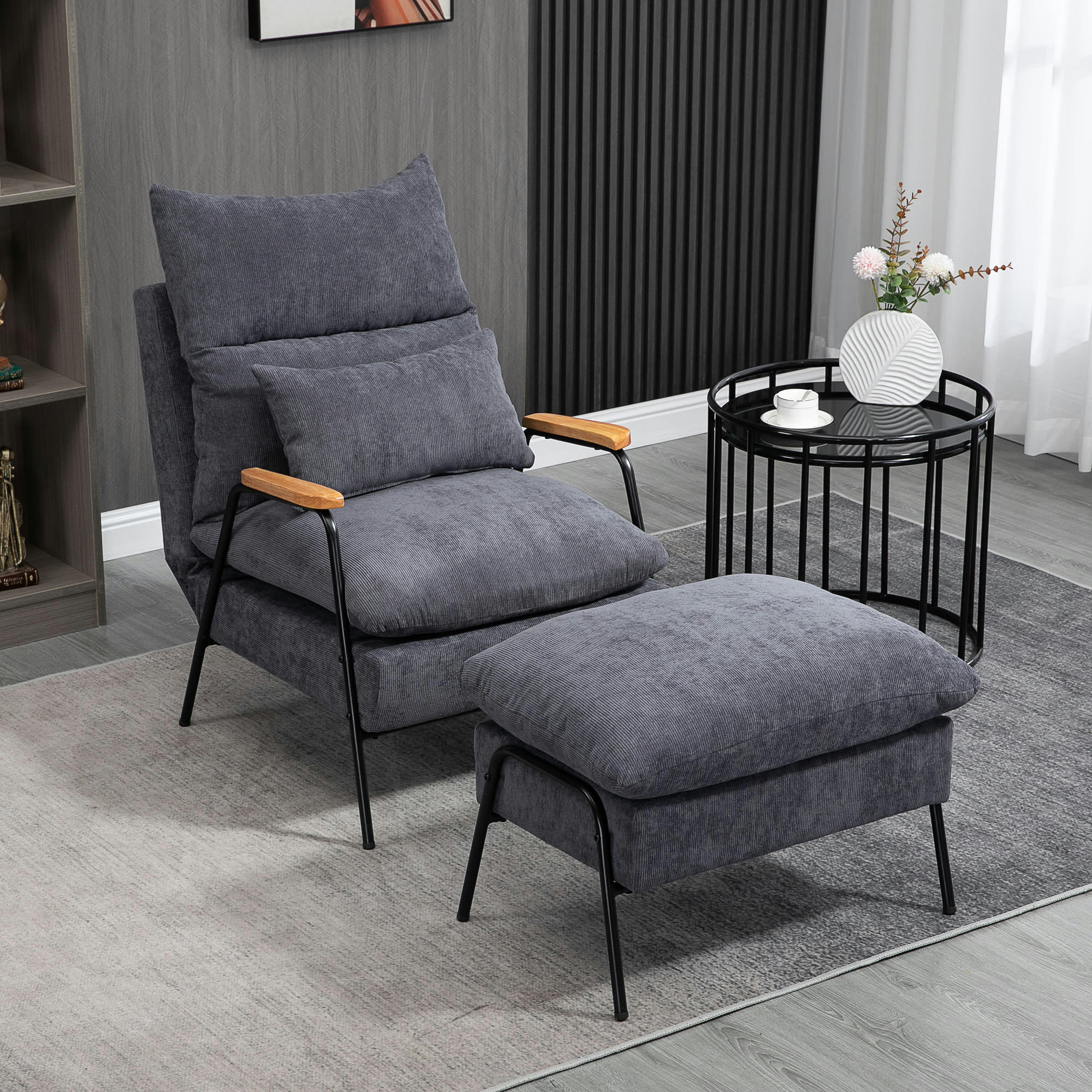 - Fauteuil lounge inclinable néo-rétro repose-pied velours cotelé gris