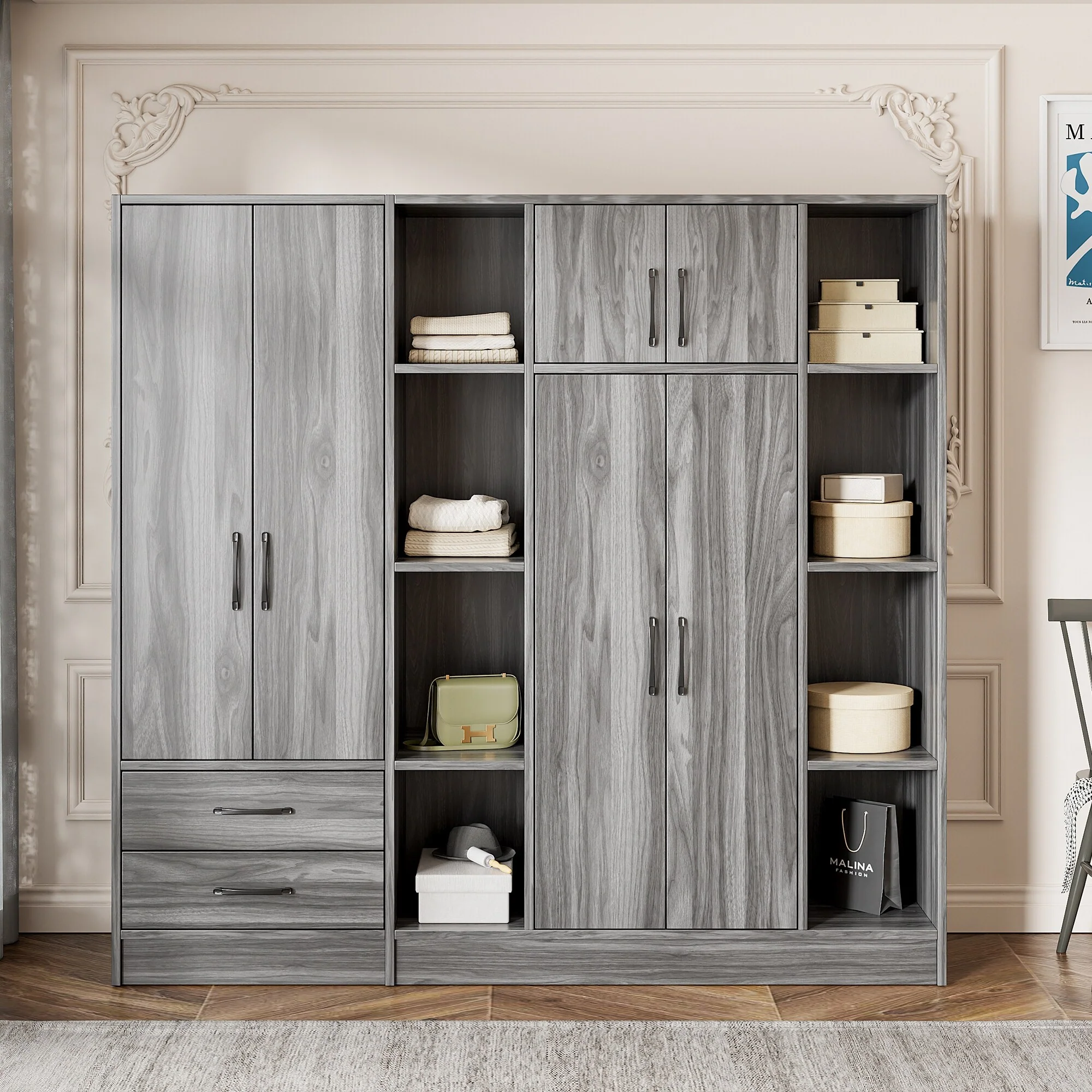 Storage Wardrobe Armoire Bedroom Storage Cabinet with Open Storage Space 67.10 Inch Wooden Wardrobe Closet with Drawers