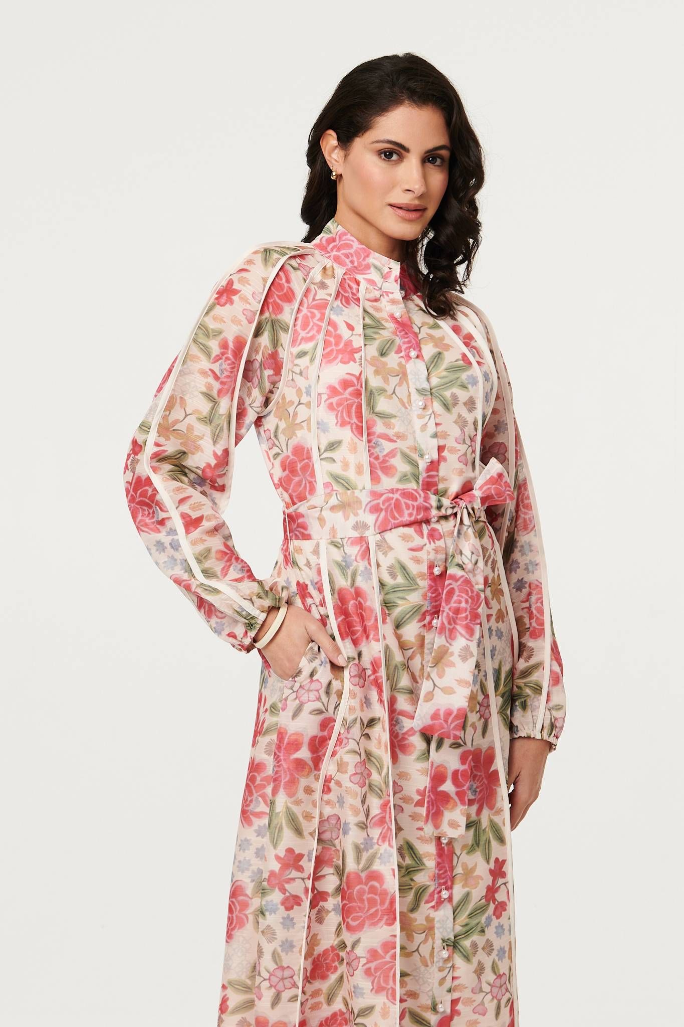 Izabel London Floral Tie Waist High Neck Midi Dress