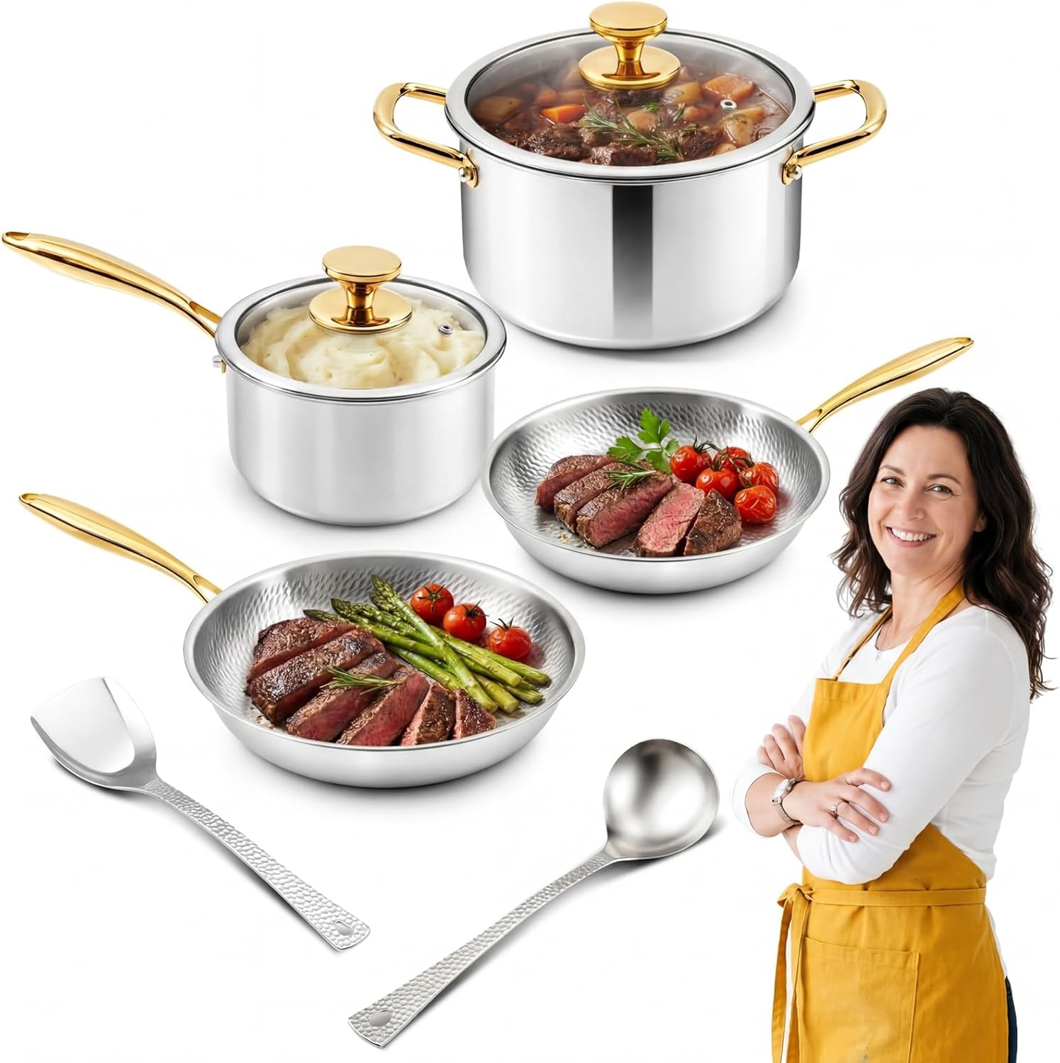 Titanium Pro Cookware Set 8 Pcs Cooking Pans and Pots with Lid and Spoon, Spatula, Triply Titanium No Coating Technology for Induction, Cooktops, Safe up to 1000°F, Dishwasher Safe