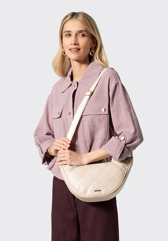 Damska torebka crossbody w geometryczne przeszycia kremowo - złota