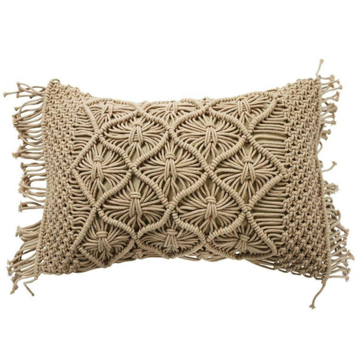 MACRAME - Coussin macramé en coton tressé rose nude 40x60