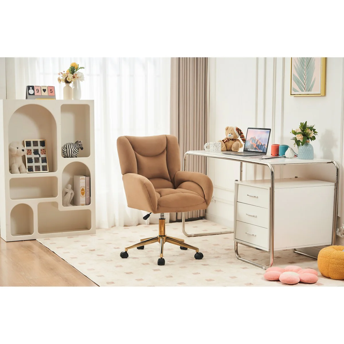 Ergonomic Office Chair 360 Degree Rotation Home Office Chair, Velvet Chair with Gold Metal Base and Universal Wheels