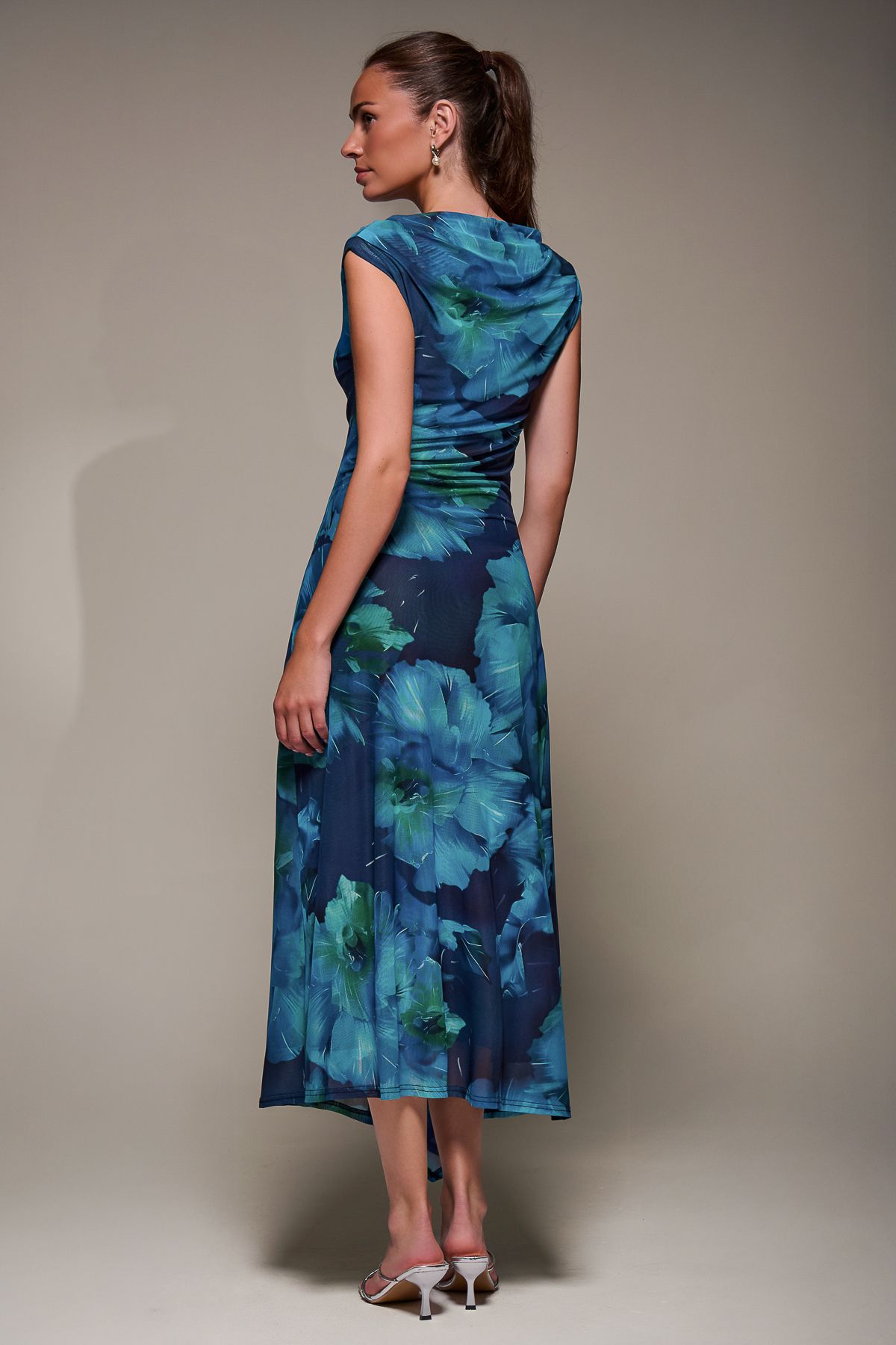 Jolie Moi Slash Neck Ruched Mesh Maxi Dress