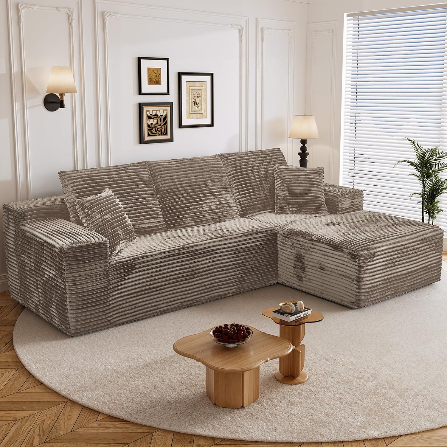 108 L Shaped Boneless Sectional Couches for Living Room, Comfy Corduroy Floor Cloud Sofa with Chaise, Wide Armrest, Deep Seat, Memory Foam, Assembly Free, Ideal for Small Spaces, Brown