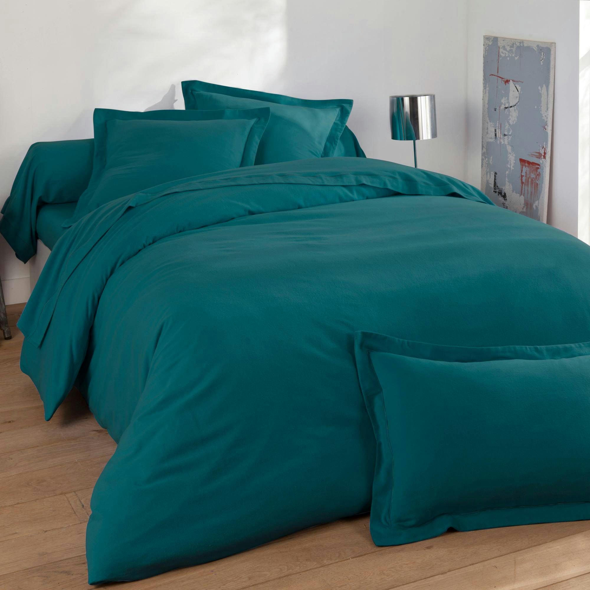 FLANELLE UNIE - Drap-housse 140x200x28 bleu canard en coton