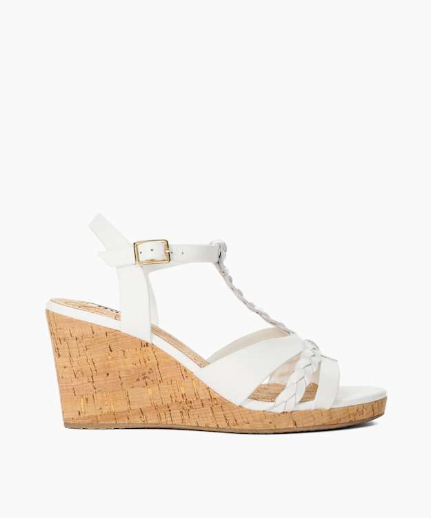 Koali White - Wide Fit Plaited Leather Cork Wedge Sandals