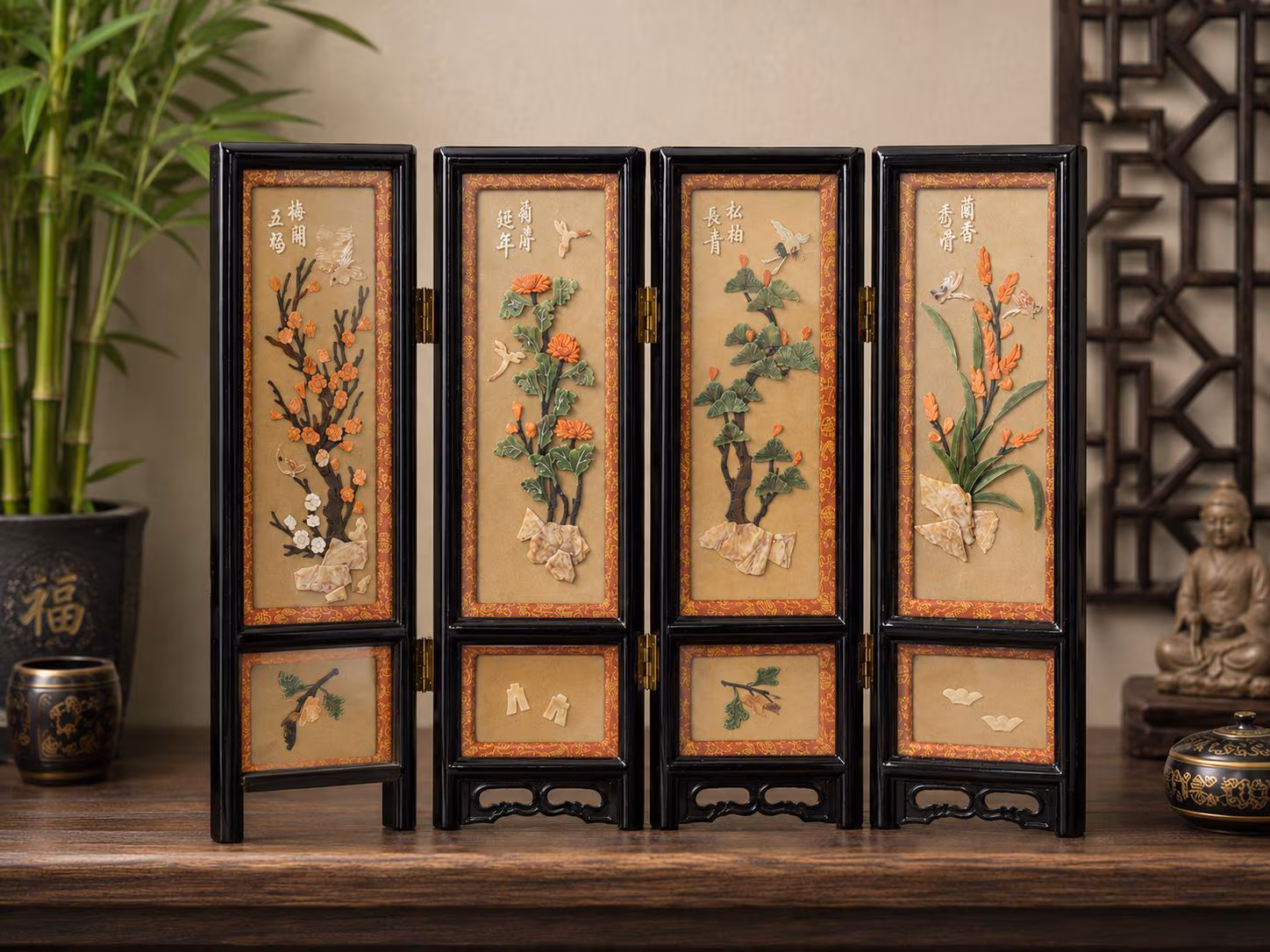 Asian Black Lacquer Folding Screen 4 Panel Chinoiserie Floral Bird Tabletop Divider