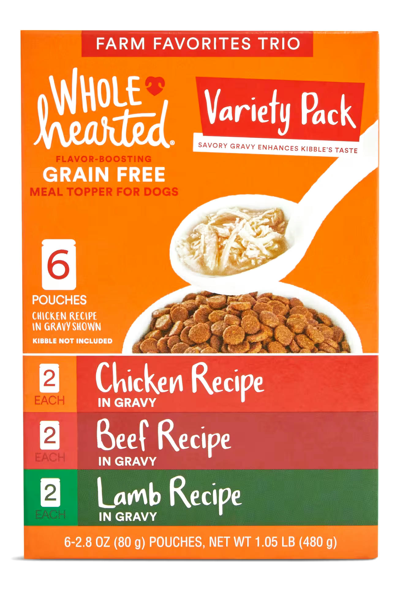 WholeHearted Grain-Free Farm Favorites Trio Gravy Puree Dog Meal Food Topper Variety Pack, 2.8-oz, 6-pk