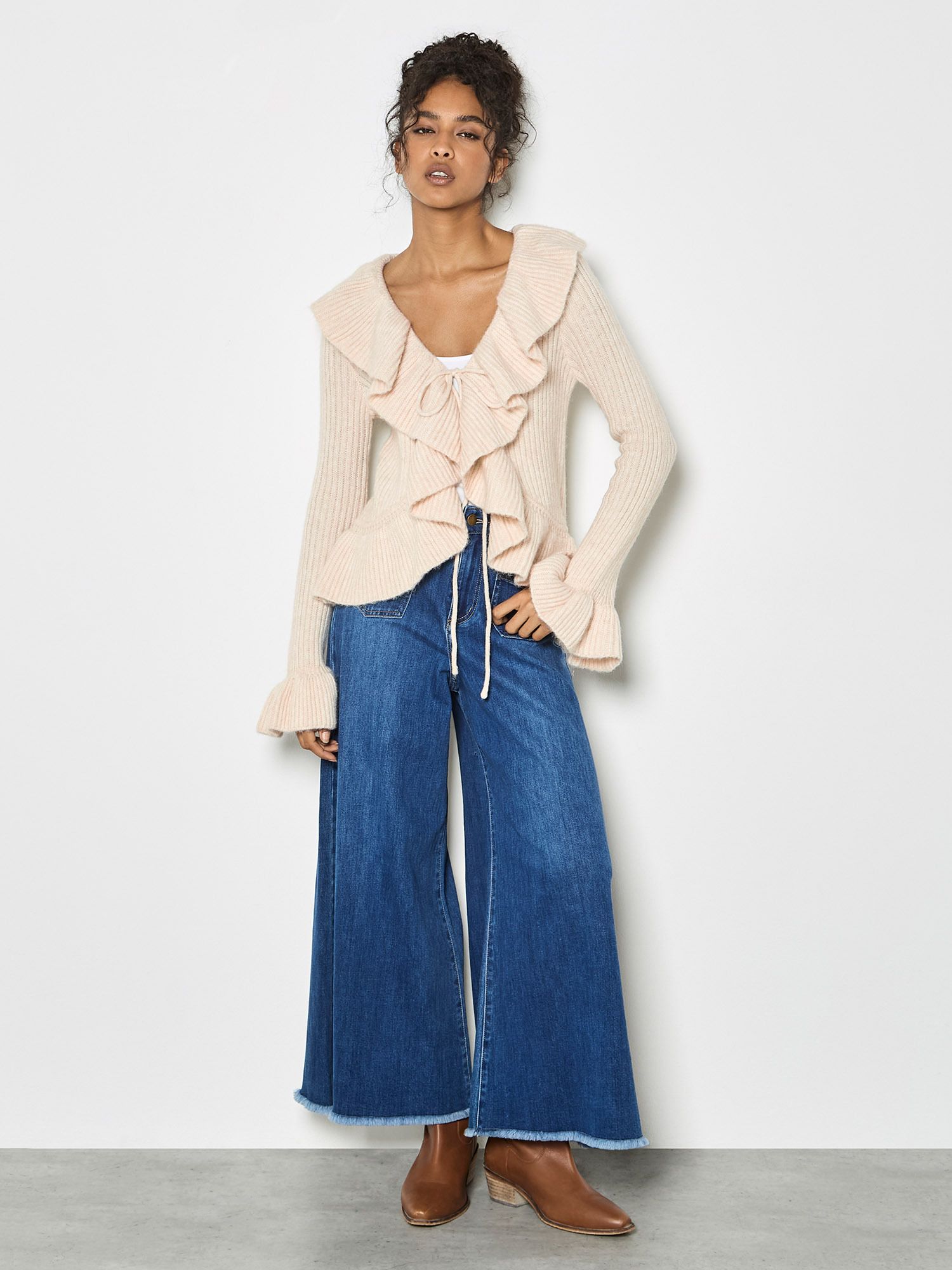 Apricot Ruffle Ribbed Knit Cardigan