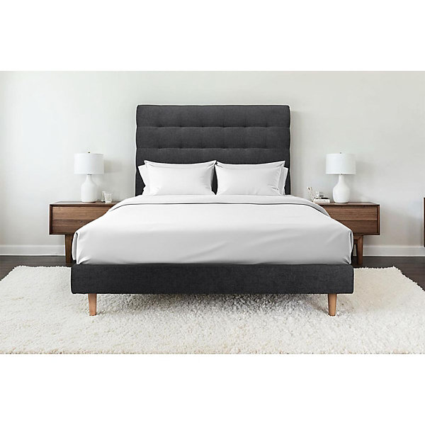 Lit avec tête de lit capitonnée tissu et sommier tapissier- Lit en bois massif