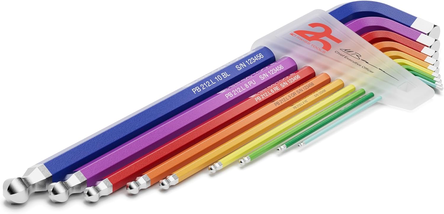 PB Swiss Tools Limited Edition 25Y Rainbow Hex Key Set PB 212.LH-10RB25YCN | 100% Swiss Made | 9-Piece Allen Wrench Set Color Coded by Size 1.5-10mm with Ball End