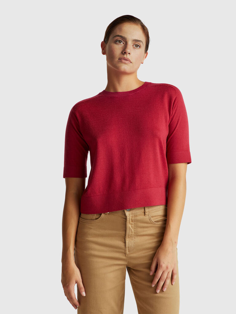 Short sleeve sweater in pure Merino wool