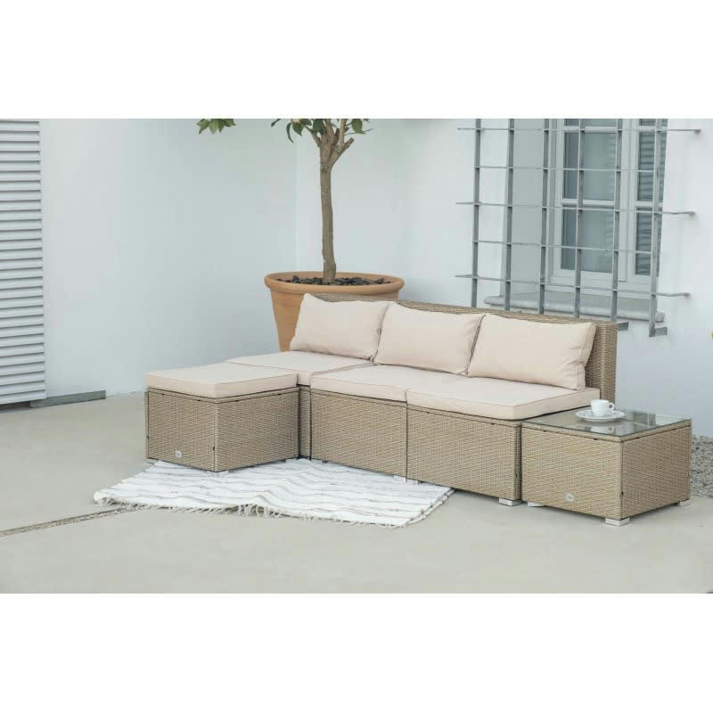 BAHAMAS - Salon de jardin Ensemble Central 4 Places Beige Rotin Synthétique