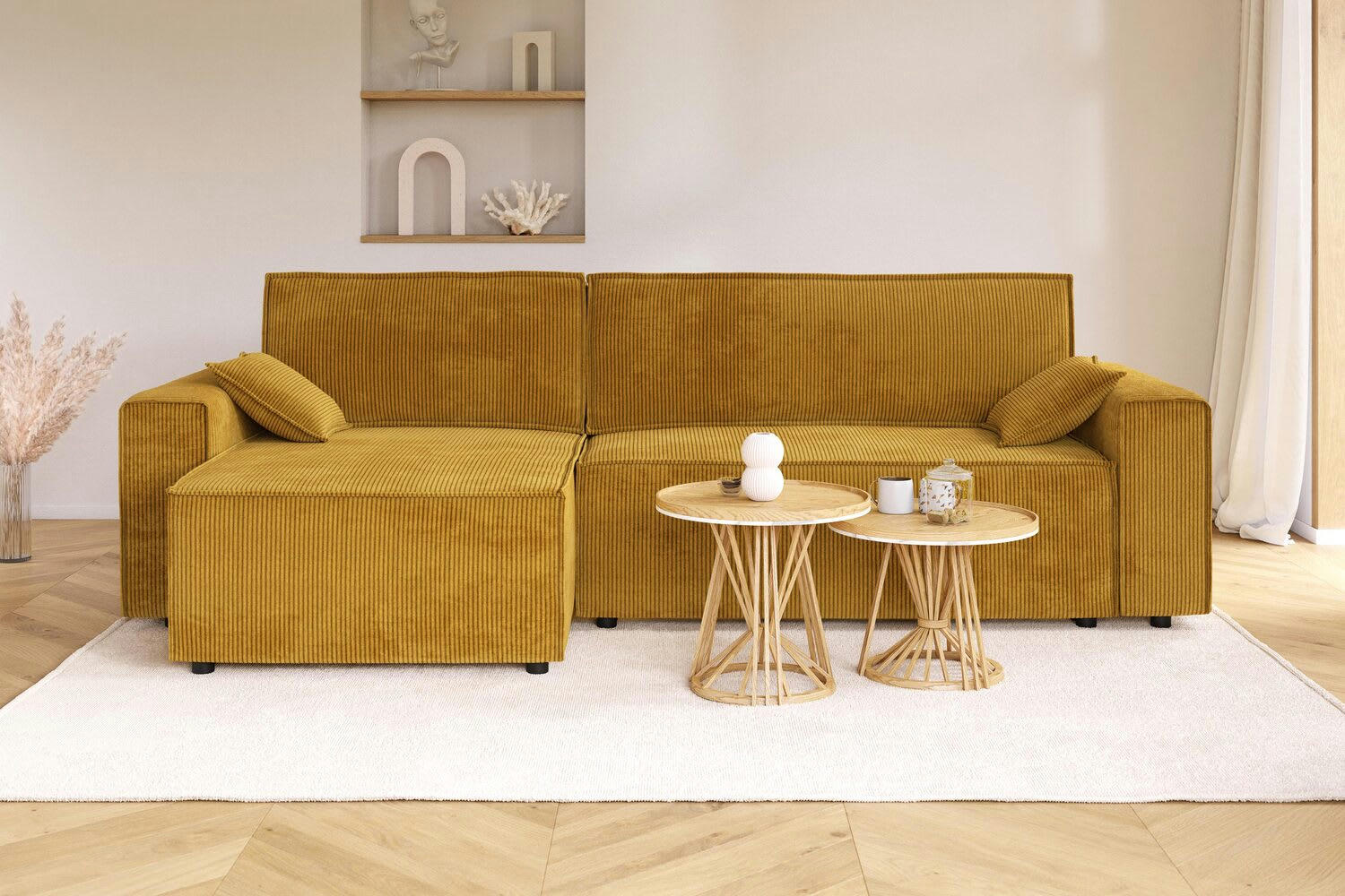 MARIUS - Canapé d'angle convertible en velours côtelé 4 places moutarde