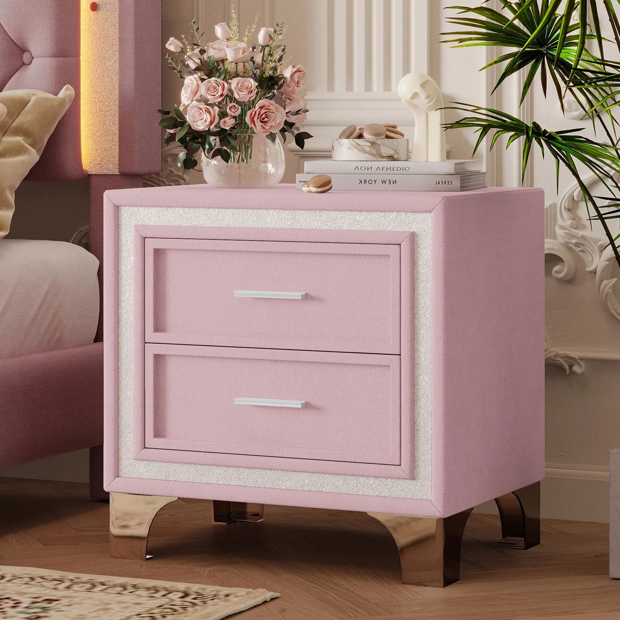 Velvet Bedside Table With 2 Drawers Except Legs And Handles