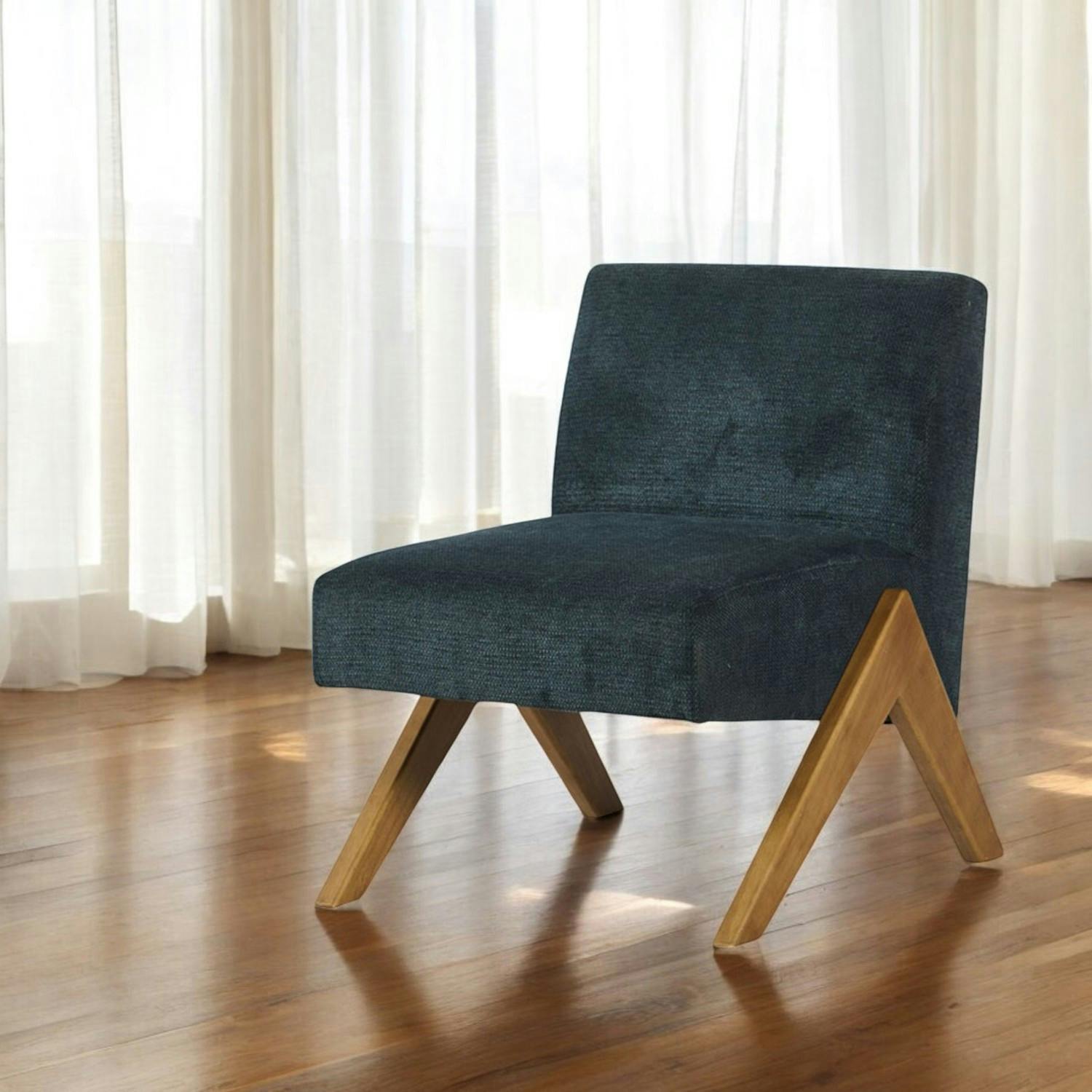 Fauteuil de salon bois et velours bleu SOHO