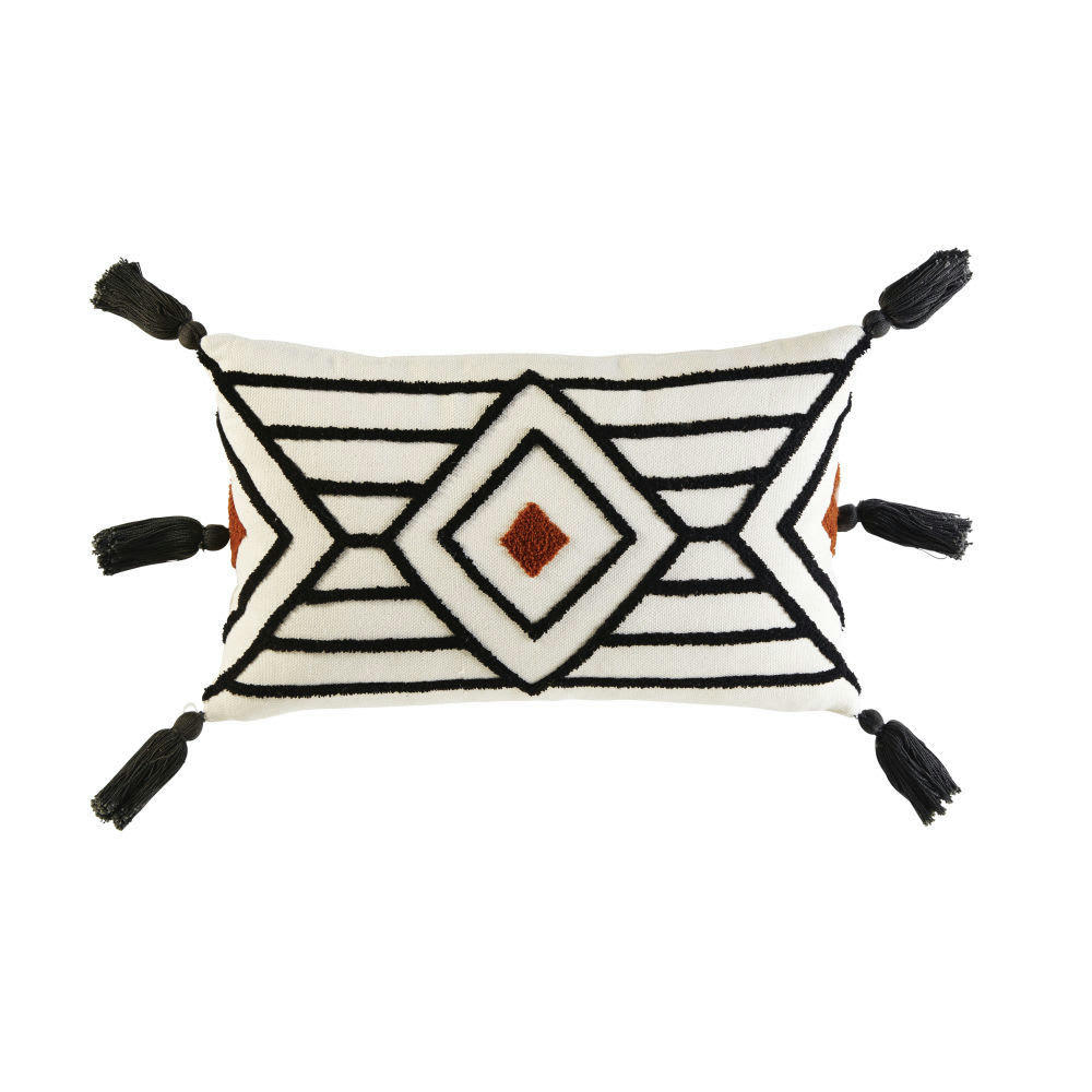 BACALA - Coussin en coton écru motifs graphiques noirs 30x50