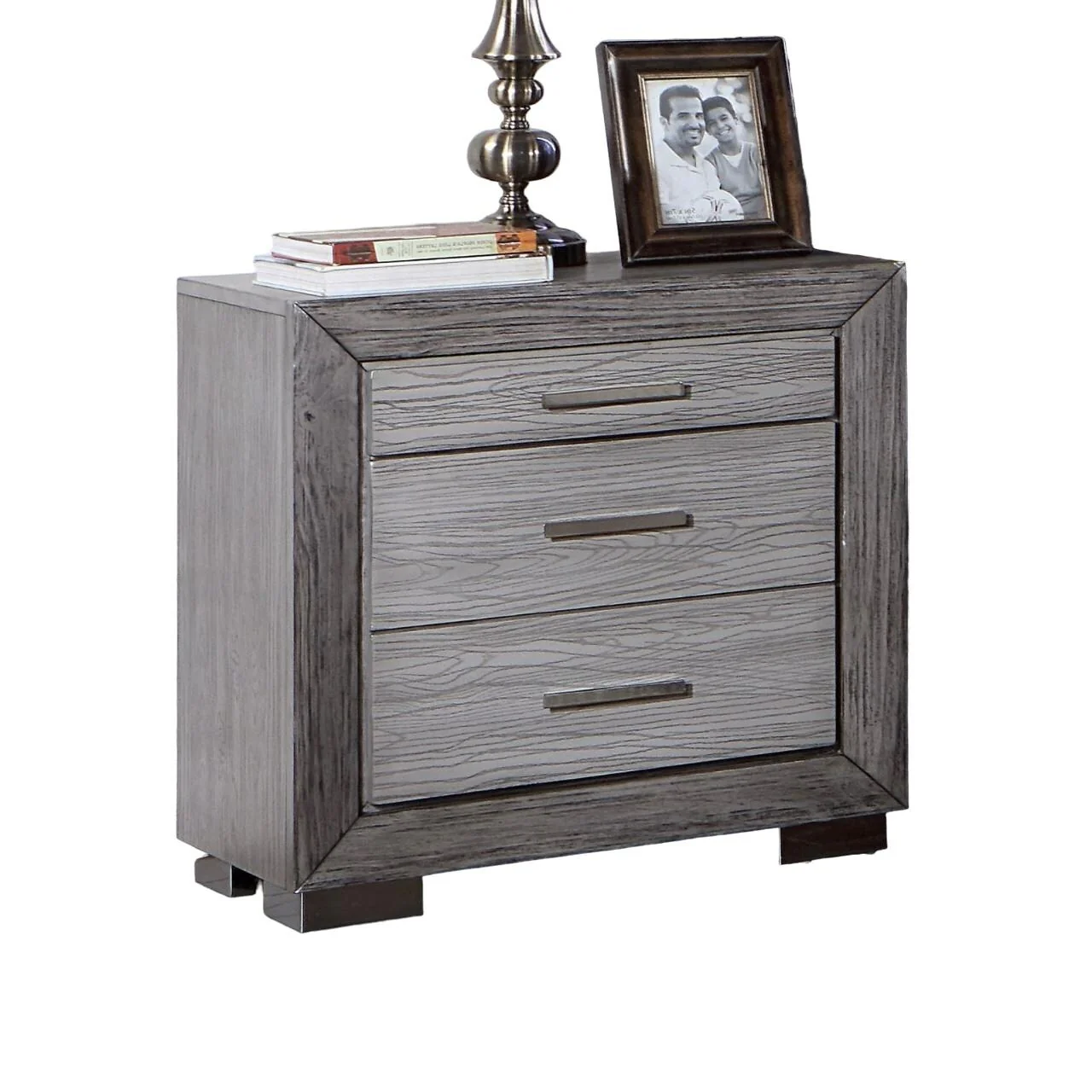 Nightstand Bedroom 1pc Nightstand Solid wood Bar Handles 3-Drawers bedside Table Metal Bracket Legs USB Ports