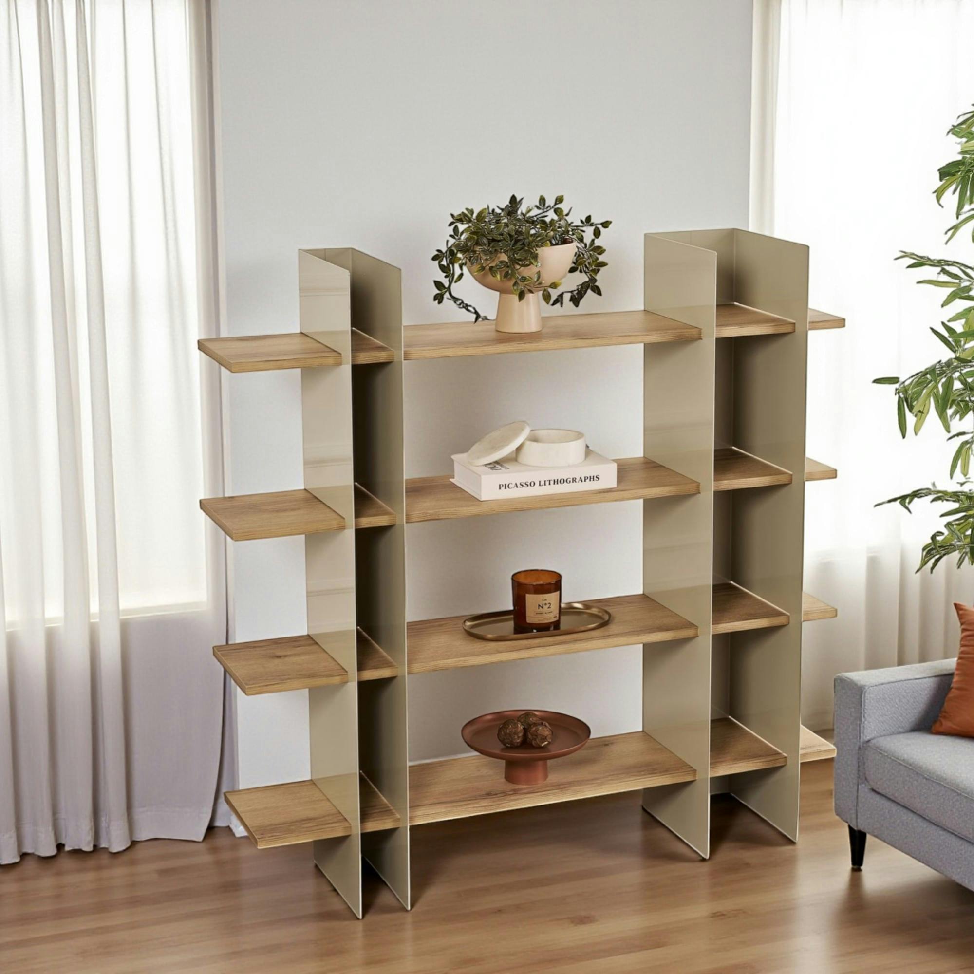 Bibliothèque étagère moderne 4 plateaux - niches taupes JENA
