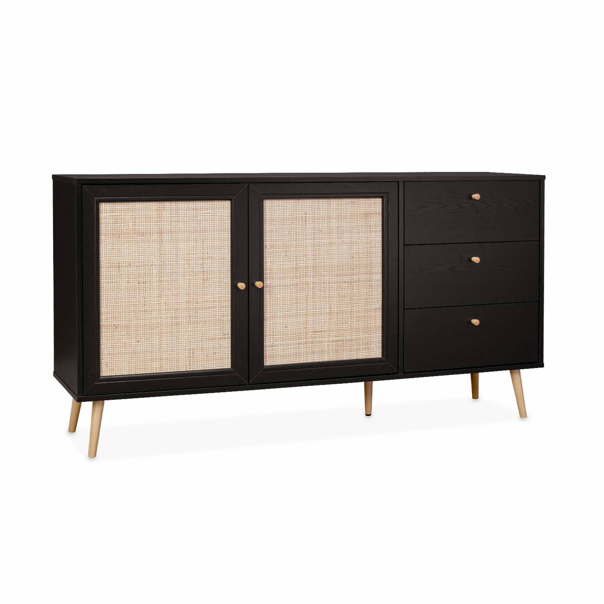 BOHÈME - Buffet de rangement noir en cannage 150 x 39 x 79cm