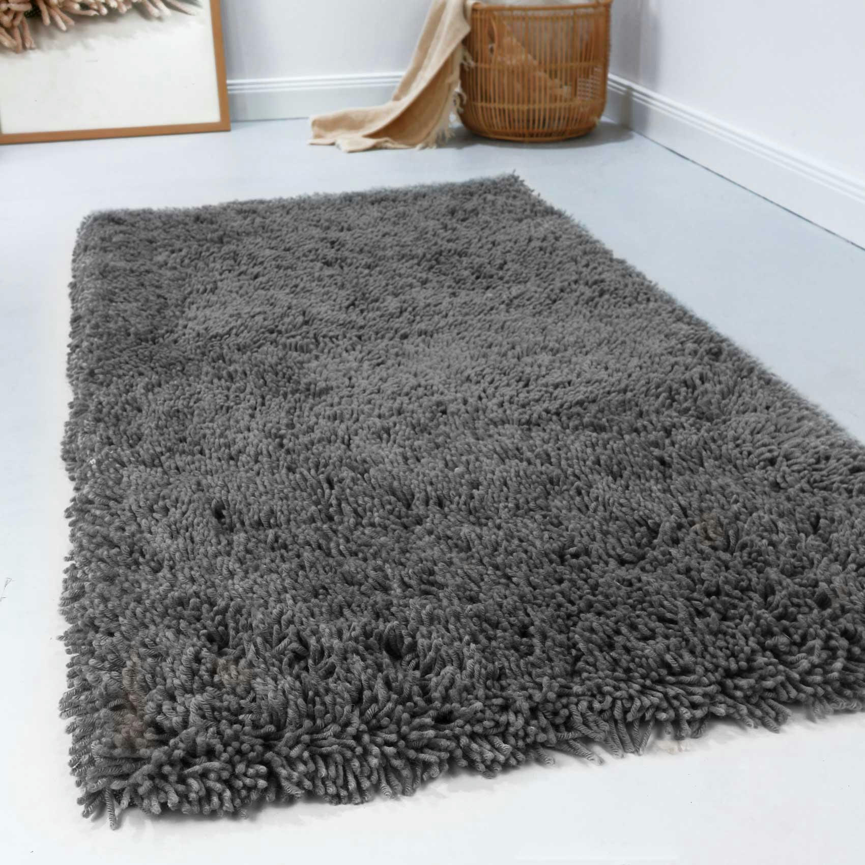 SEATTLE SHAG - Tapis confort moelleux en laine, poils longs gris foncé 140x200