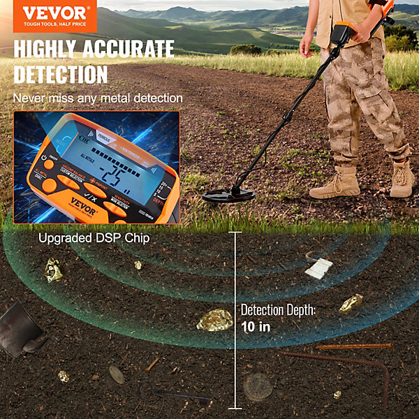 Détecteur de métaux pro, bobine 25,4 cm étanche IP68, 7 modes, écran LCD, pour or trésors.