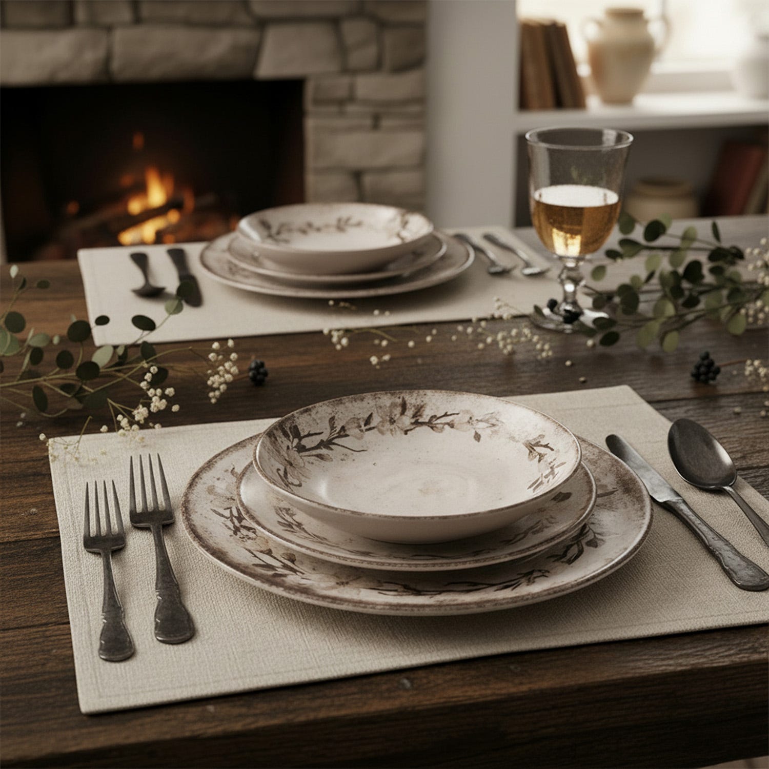 Servizio 18 piatti ceramica beige floreali Thalos