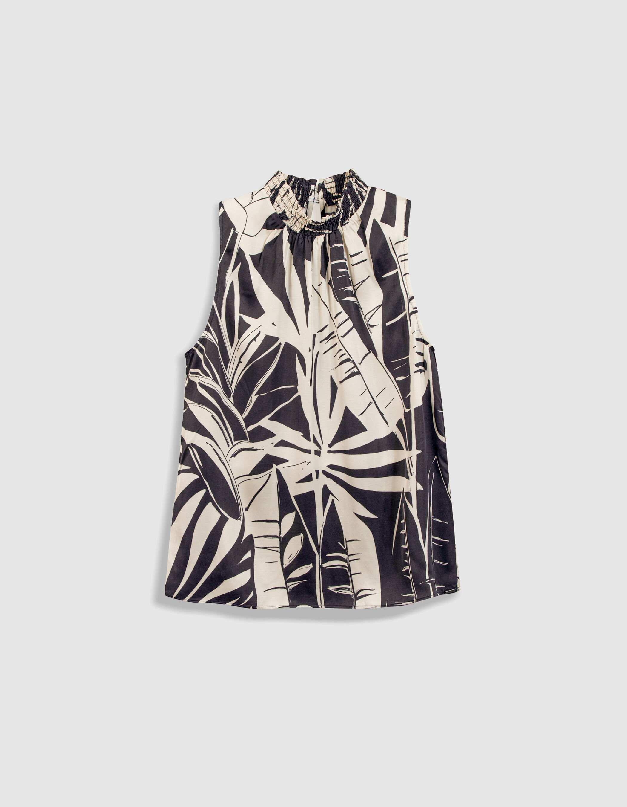 Top sans manches marine satiné imprimé maxi feuilles Femme