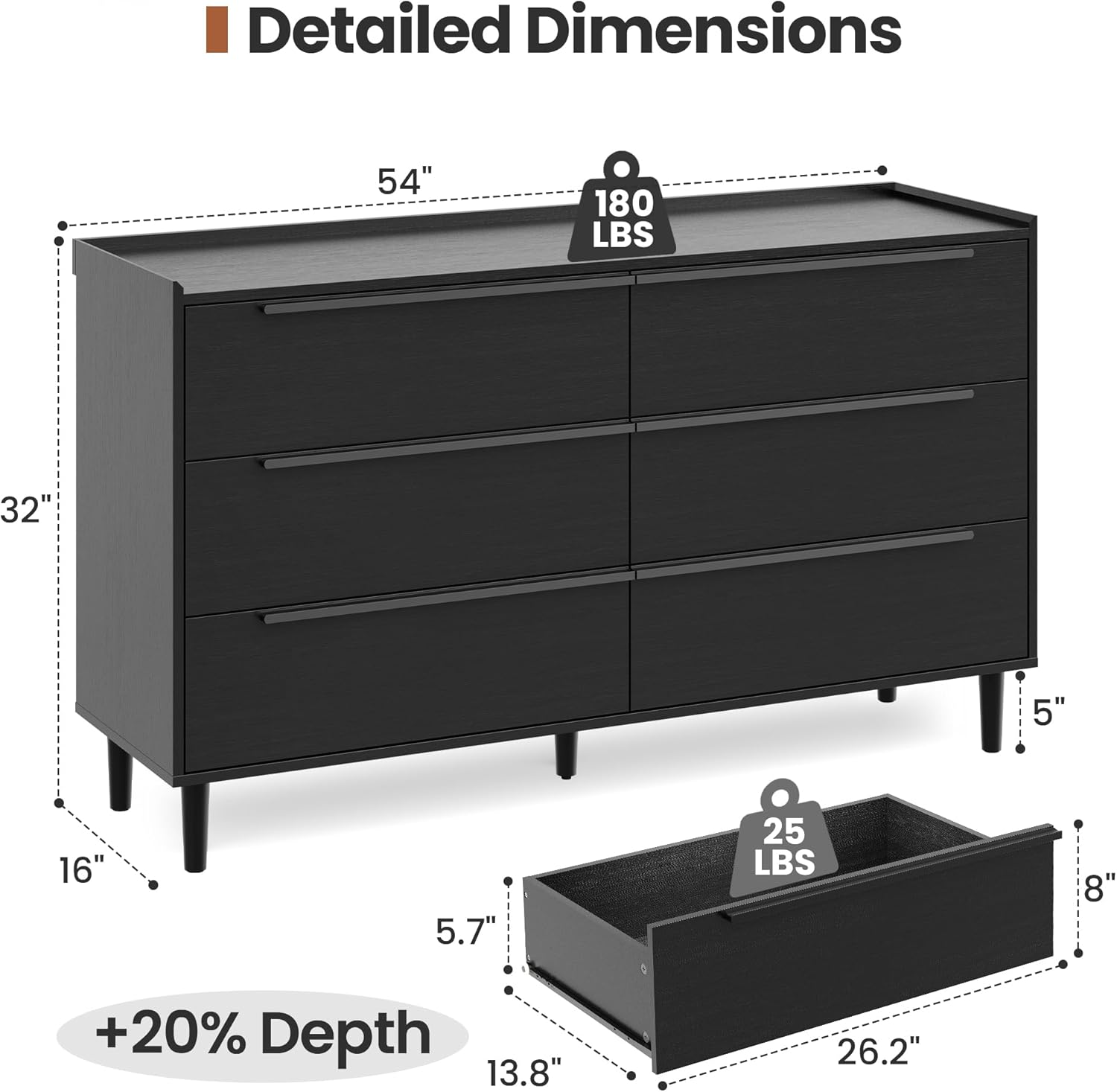 54 Wide Black Dresser for Bedroom, Modern 6 Drawer Double Dresser with Wood Grain Finish, Large Horizontal Chest of Drawers & TV Stand with Anti-Slip Raised Edge, Sleek Storage for Living Room