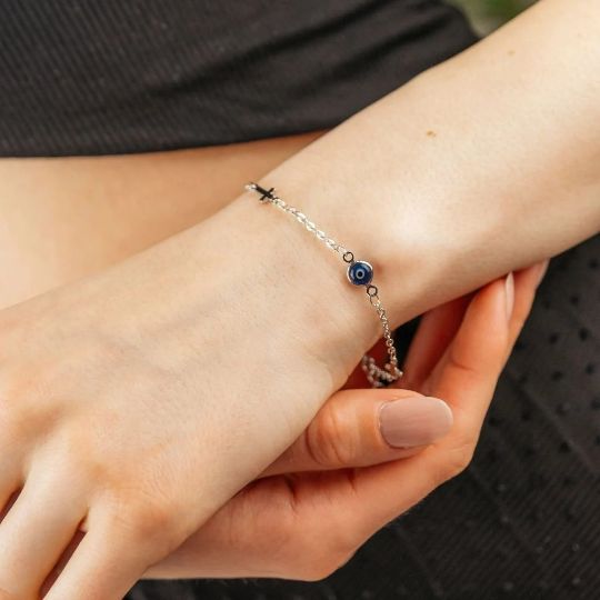 The Colourful Aura Gold and Silver Evil Eye Cross Christian Charm Protection Bracelet