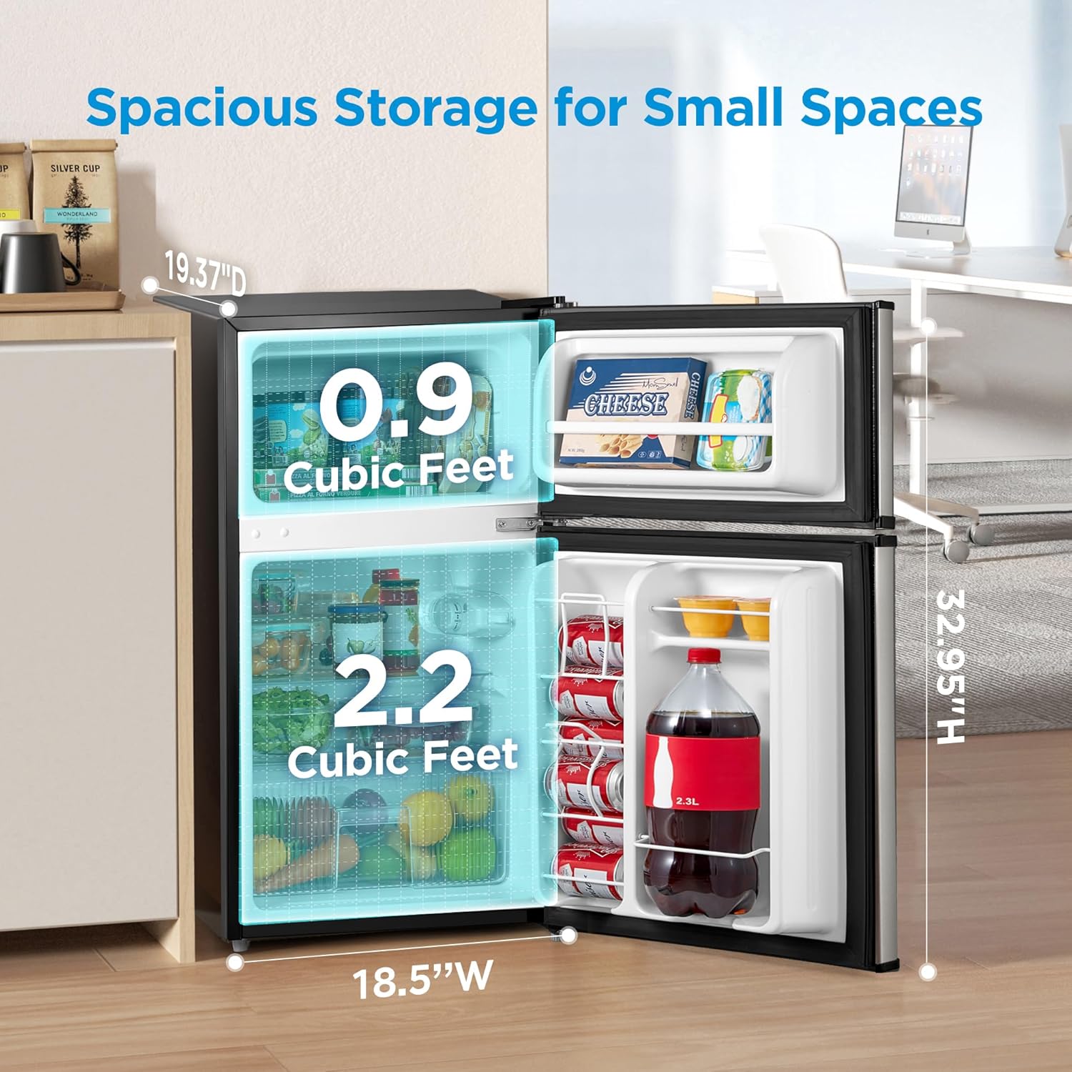 Midea WHD-113FSS1 Double Door Mini Fridge with Freezer for Bedroom Office or Dorm with Adjustable Remove Glass Shelves Compact Refrigerator, 3.1 cu ft, Stainless Steel