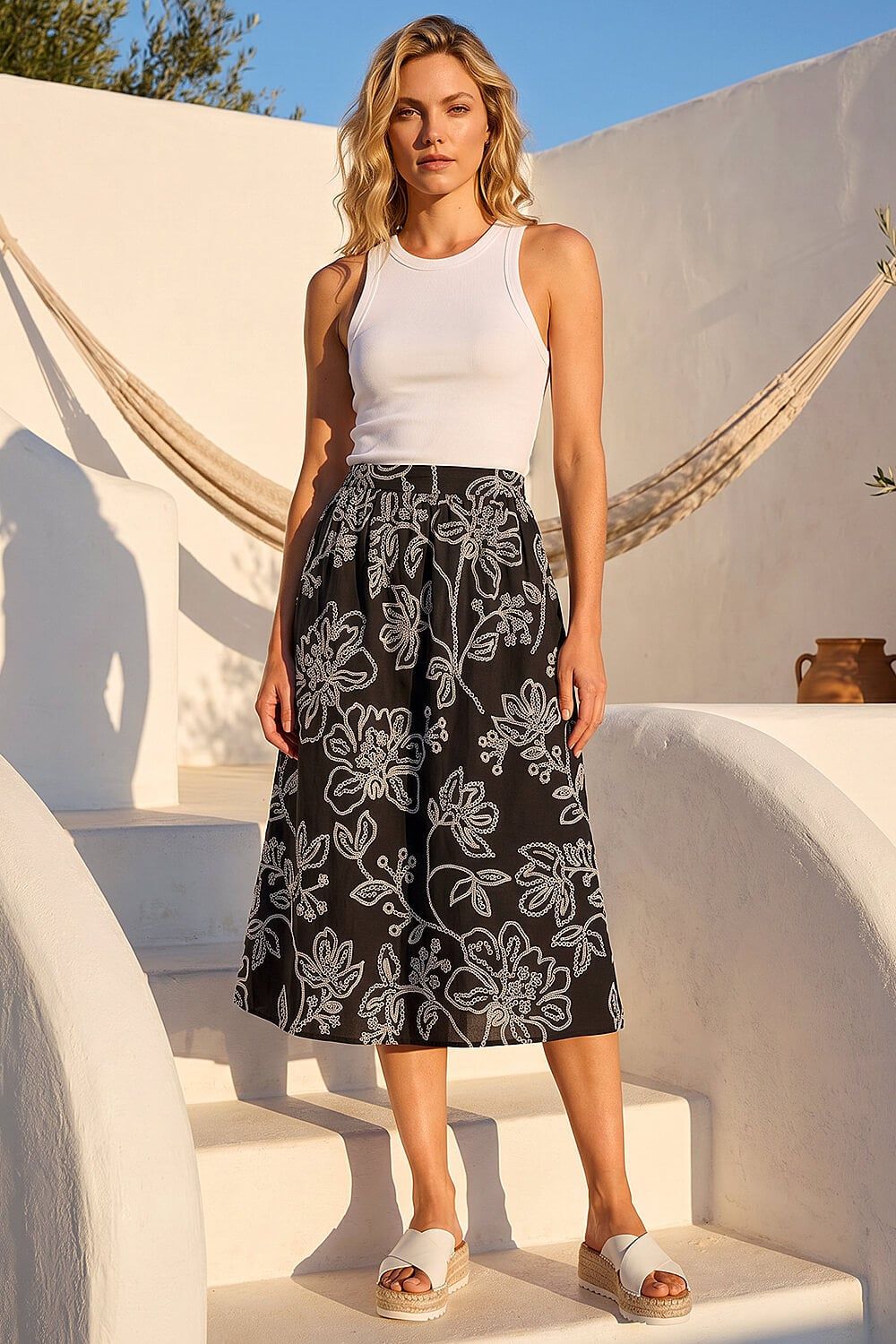 Roman Floral Broderie Midi Skirt