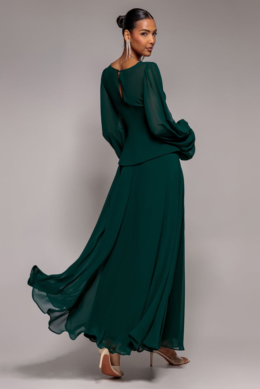 Goddiva Bishop Sleeve Peplum Top Scuba Crepe And Chiffon Maxi Dress