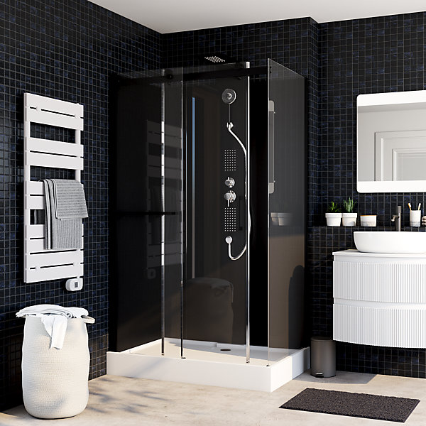 Cabine de douche intégrale rectangulaire hydromassante, L.120 x l.80 x H.224 cm, porte coulissante, profilé noir, Schulte Korsika