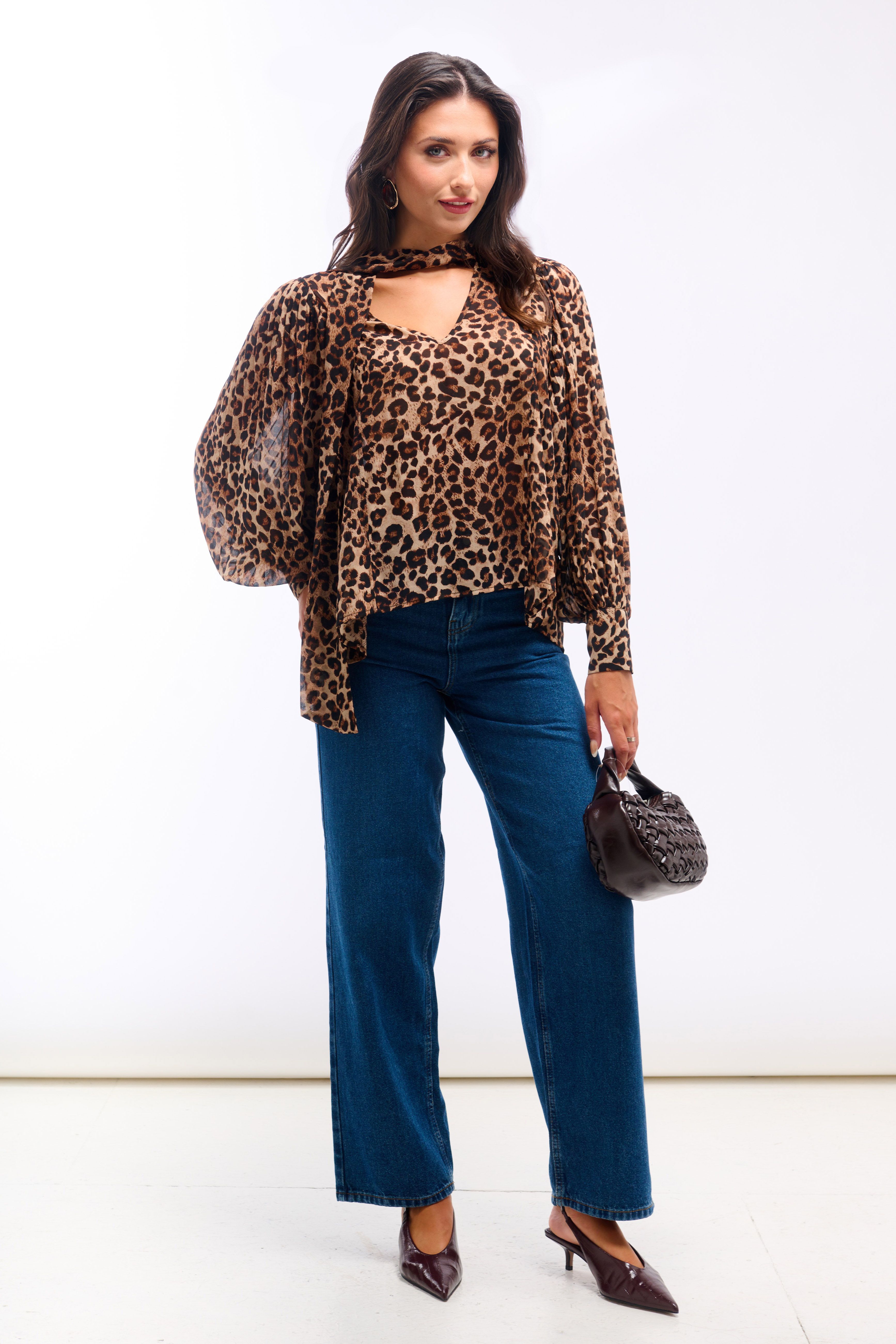 Needs No Label Leopard Pussybow Neck Blouse